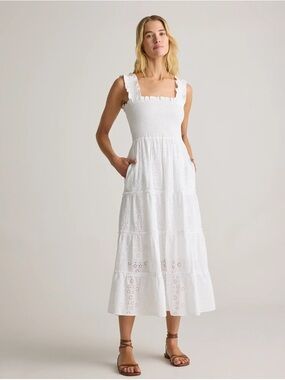 Quince 100% Organic Cotton White Eyelet Smocked Midi Dress